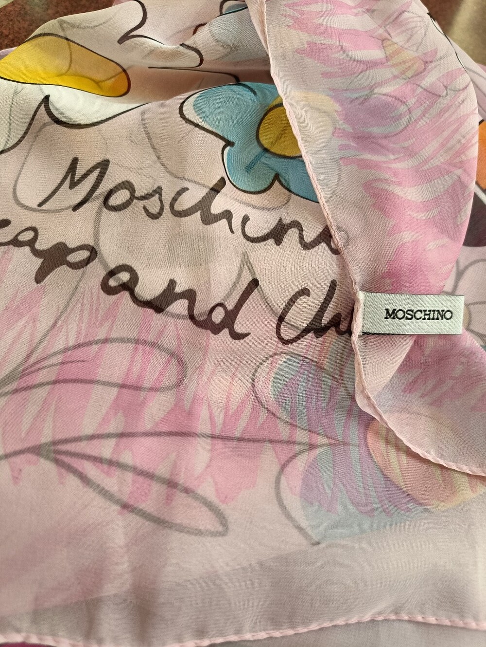 Moschino Cheap and Chic Pink Floral Logo Silk Scarf🌸Vintage 1988 - Picture 7 of 9